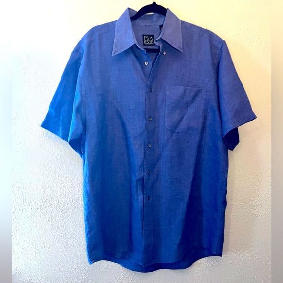 JOS A. Bank Linen Button Up Casual Short Sleeve Shirt Blue Medium - Picture 1 of 3